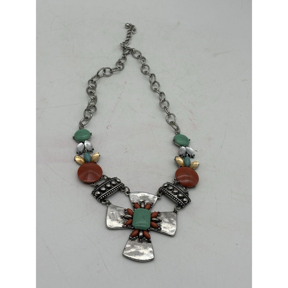Southwestern Cross Statement Necklace Silver Tone Turquoise Coral Boho Bib